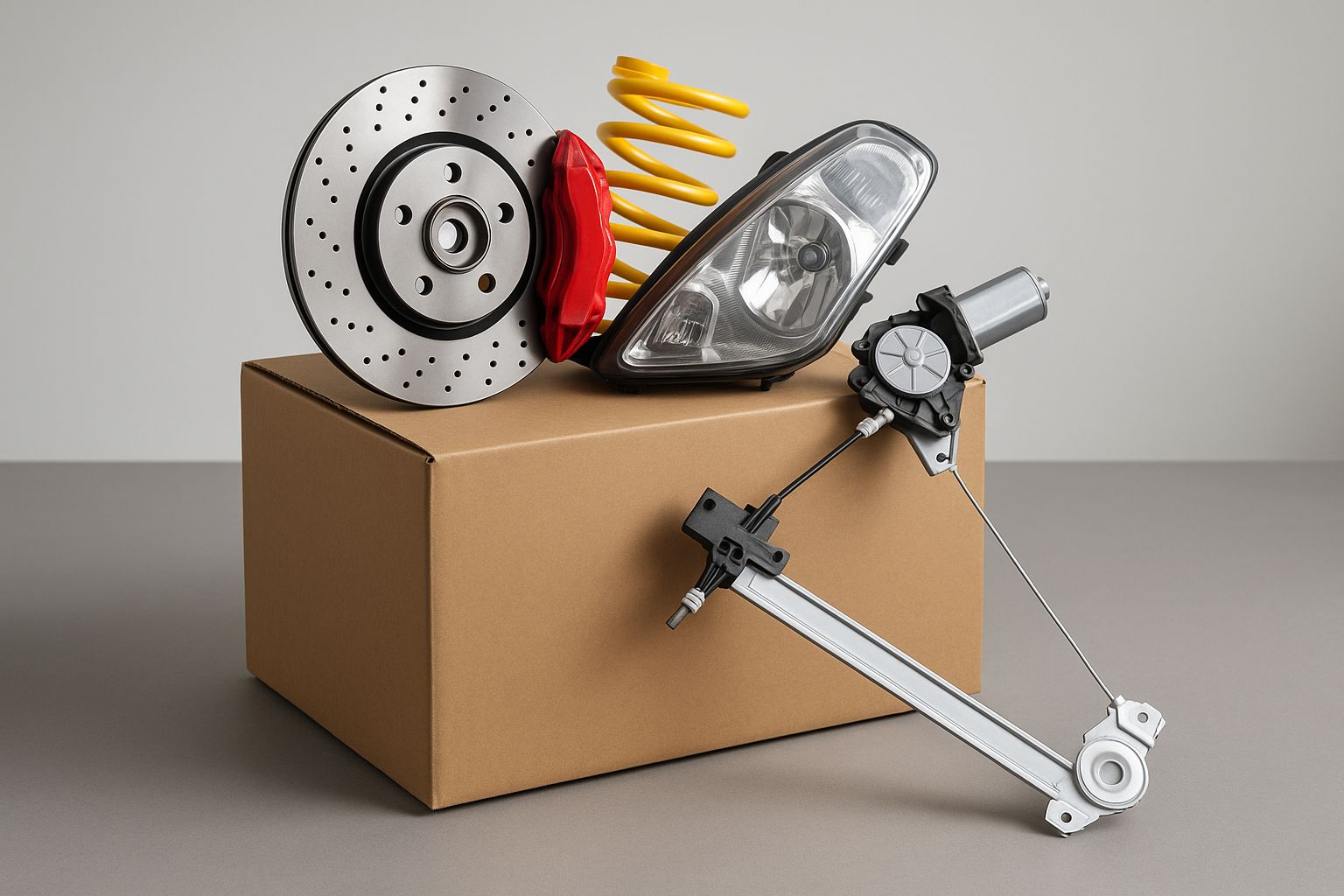 Flera paket med bildelar och däck redo för frakt